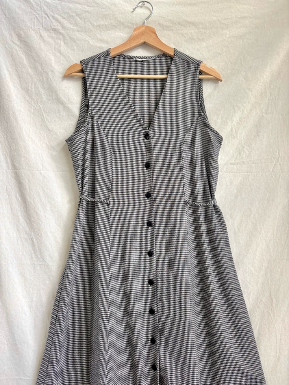 Sleeveless V-Neck Button-Front Black & White Check Dress